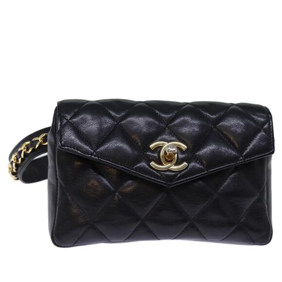 CHANEL Matelasse Turn Lock Waist Bag Leather Black CC - Picture 1 of 16